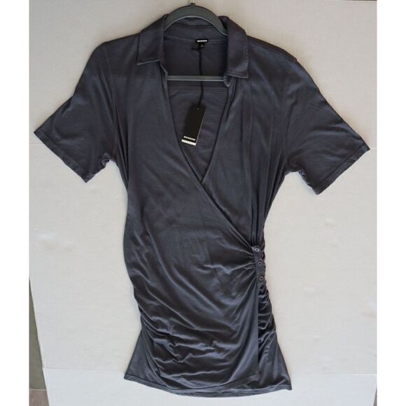 Monrow HD0418 Women's Sz Medium Gray Faux Wrap Shirred Waist Shirt Dress - Picture 9 of 10